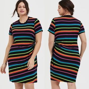 Torrid Celebrate Love Black and Rainbow Striped Cinch Drawstring T-Shirt Dress